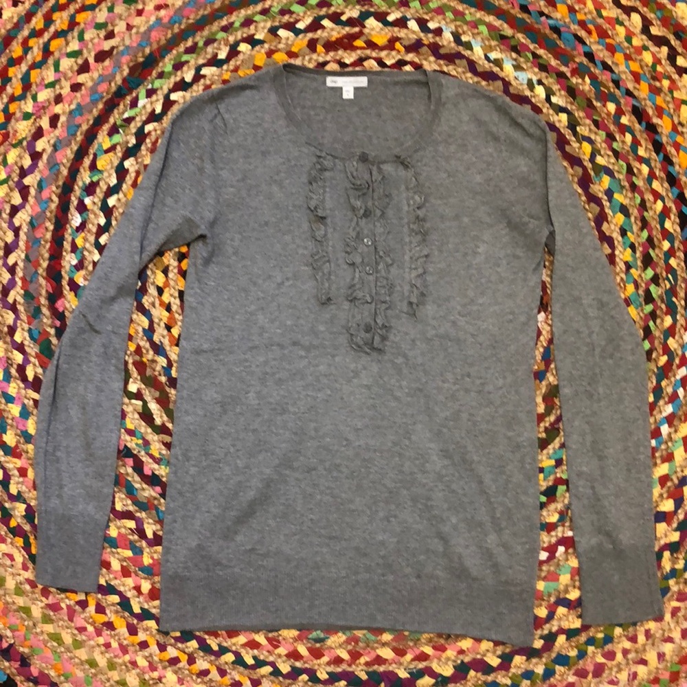 GAP Gray Crew Neck Cotton Cashmere Ruffled Long Sleeve Sweater S Small EUC